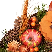 13.25'' Unlit Autumn Harvest Orange Flowers and Gourds Pine Cone Wreath