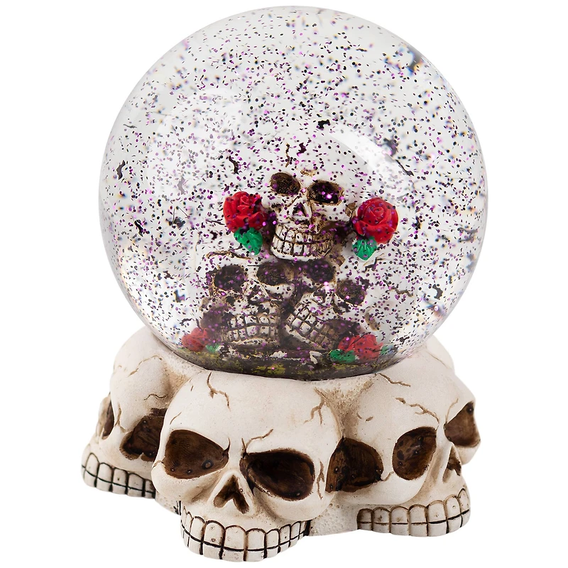 LED Lighted Skulls and Roses Halloween Snow Globe with Sound - 6"