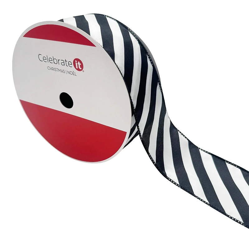 2.5" x 80ft. Black & White Diagonal Stripes Wired Ribbon by Celebrate It®