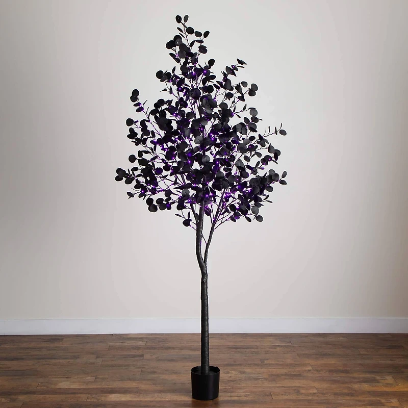 8ft. Pre-Lit Artificial Halloween Black Eucalyptus Tree with 540 Orange & Purple LED Lights