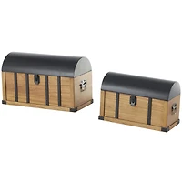 Brown Studded Storage Trunk with Black Metal Arched Tops & Vertical Strips Set