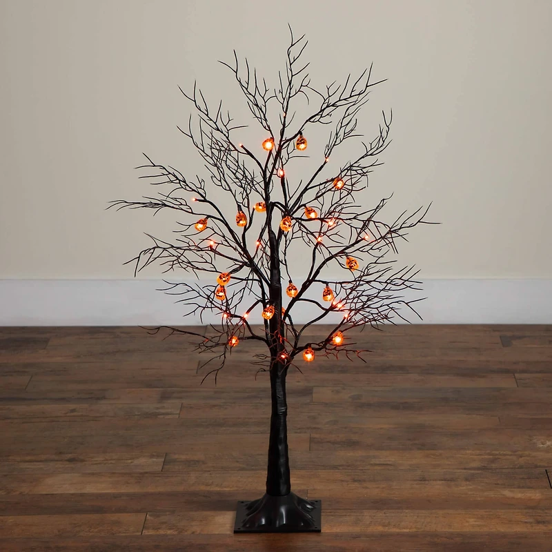 3ft. Pre-Lit Artificial Halloween Black Twig Tree with 18 Orange LED Pumpkin Shaped Lights