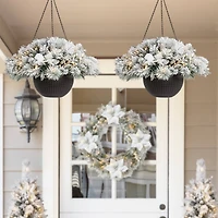 Glitzhome® 24'' Pre-Lit Snow Flocked Christmas Artificial Pine Poinsettia Hanging Baskets, 2ct.