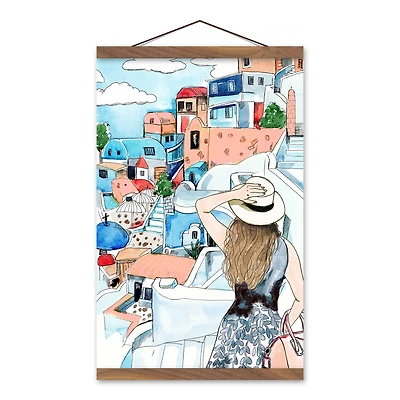 Girl Greece Teak Hanging Canvas