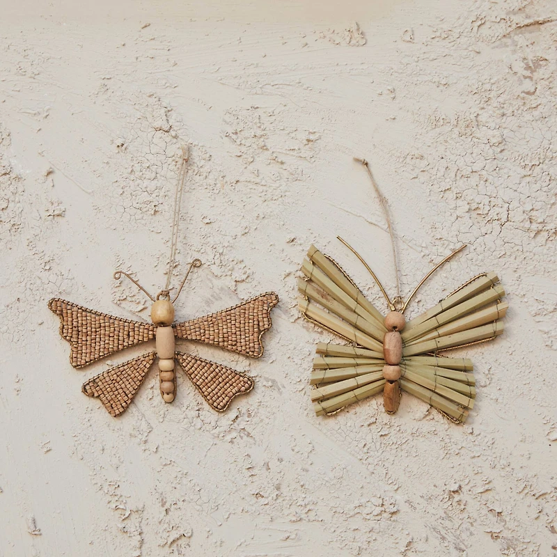 Hello Honey® 2 Pack 7" Butterfly Handmade Mango Wood Bead and Bamboo Ornaments