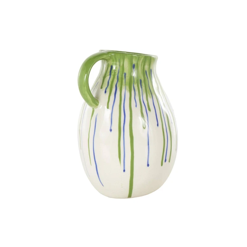 11" White, Green & Blue Drip Design Ceramic Vase with Handle