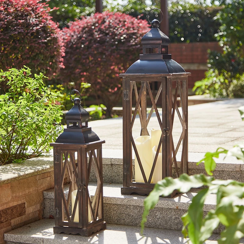 Modern Farmhouse Wooden Lantern Set, 28.5" & 20.5"