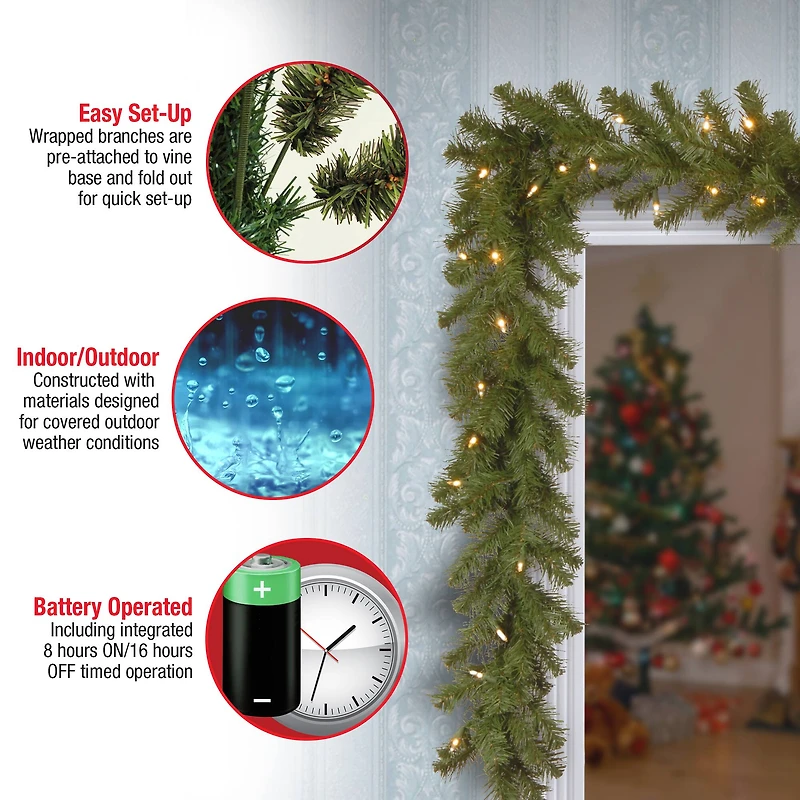 9' x 10" Pre-lit North Valley® Spruce Artificial Christmas Garland with 50 Battery Operated Dual LED Lights