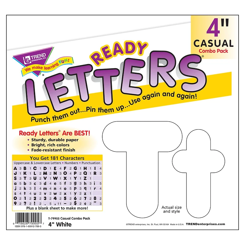 TREND Enterprises® White 4-Inch Casual Uppercase/Lowercase Combo Pack Ready Letters®, 182 Per Pack