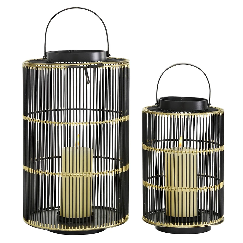 Set of 2" Black Metal Contemporary Lantern, 11", 16"