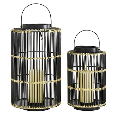 Set of 2" Black Metal Contemporary Lantern, 11", 16"
