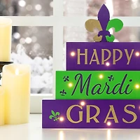 Glitzhome® 11.75" Lighted Mardi Gras Wooden Fleur-de-Lis Block Table Sign