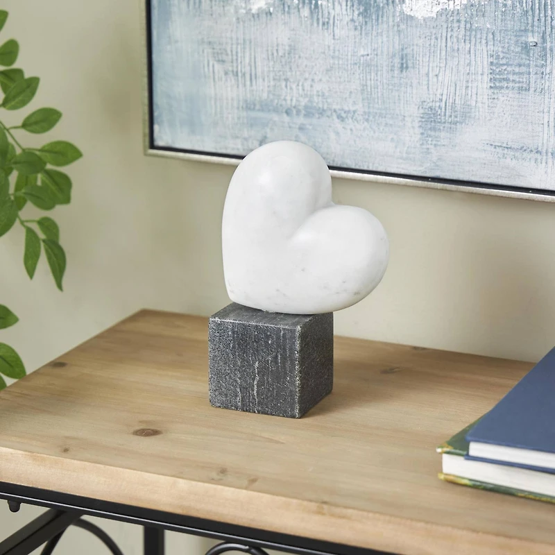 8.5" White & Black Marble Heart Slanted Sculpture with Block Base