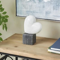 8.5" White & Black Marble Heart Slanted Sculpture with Block Base