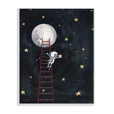 Stupell Industries Astronaut Hanging Stars Outer Space Ladder to Moon Wood Wall Plaque
