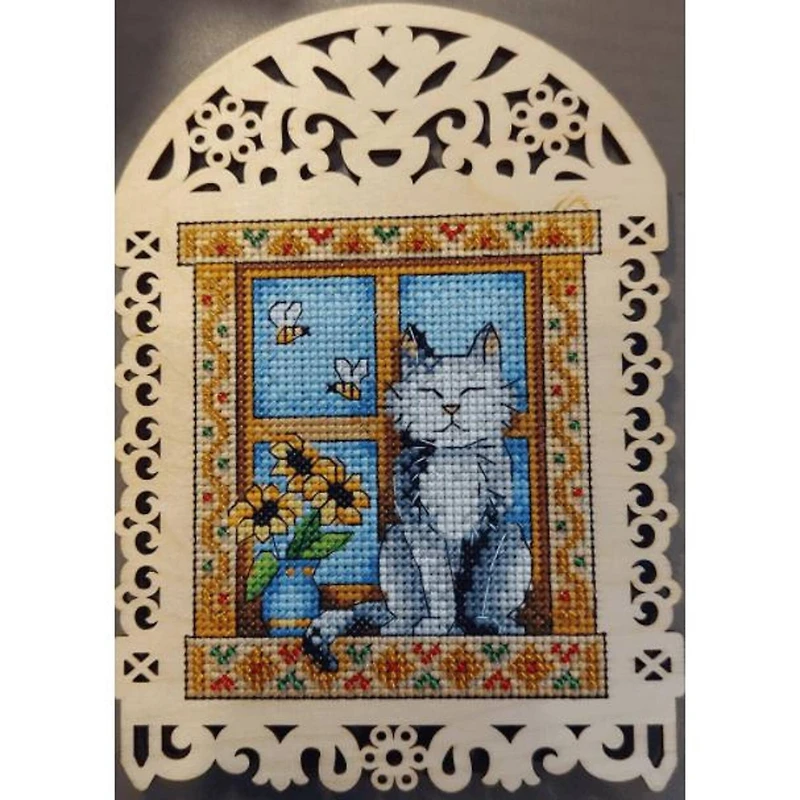 MP Studia Grey Cat Cross Stitch On Wood Kit