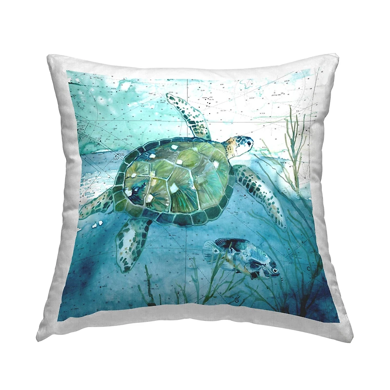 Stupell Industries Sea Tortoise and Fish over Blue Nautical Ocean Map Throw Pillow 18" x 18"