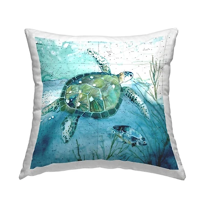 Stupell Industries Sea Tortoise and Fish over Blue Nautical Ocean Map Throw Pillow 18" x 18"