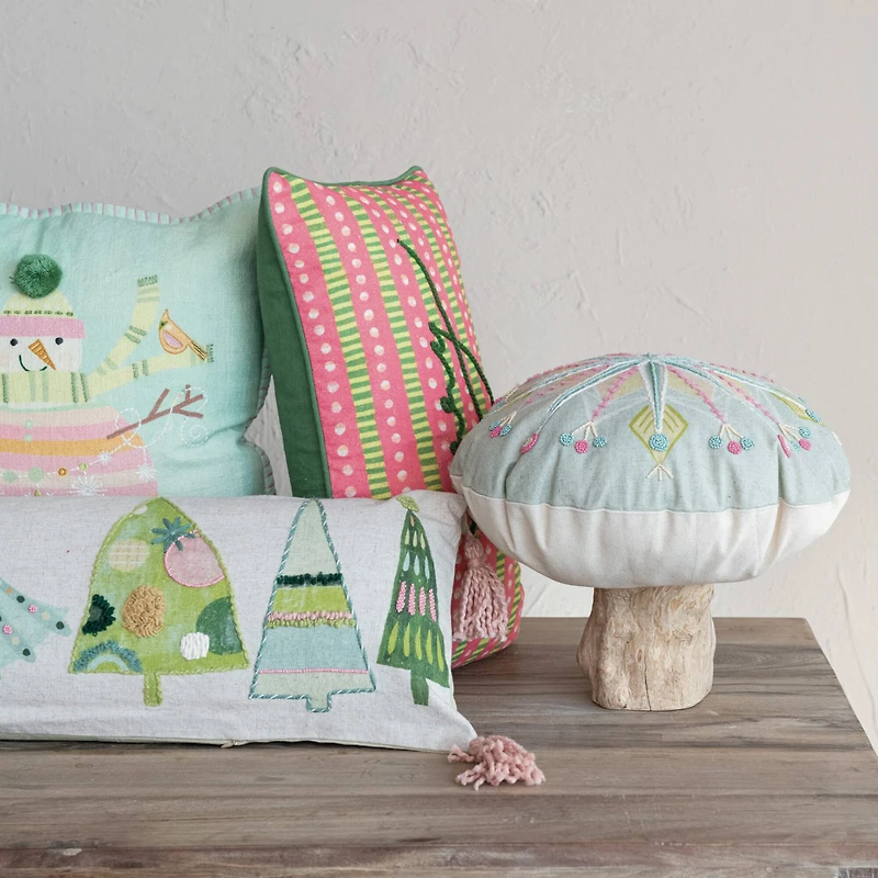 Hello Honey® 16" Round Cotton Embroidered Pillow with Snowflake & Beads