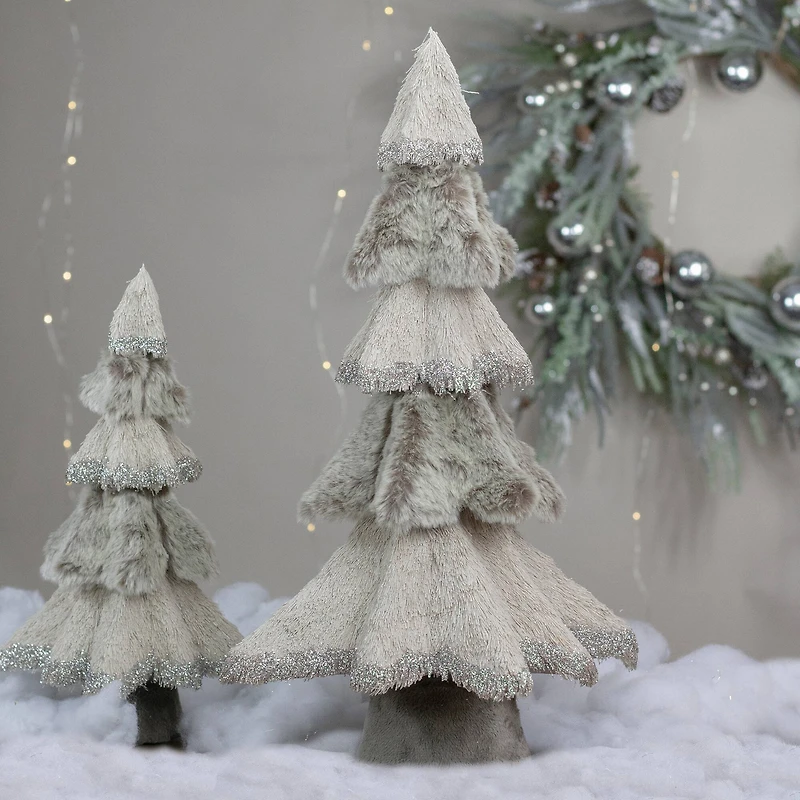 20" Gray Sisal & Faux Fur Triangular Christmas Tree with Silver Glitter Accents