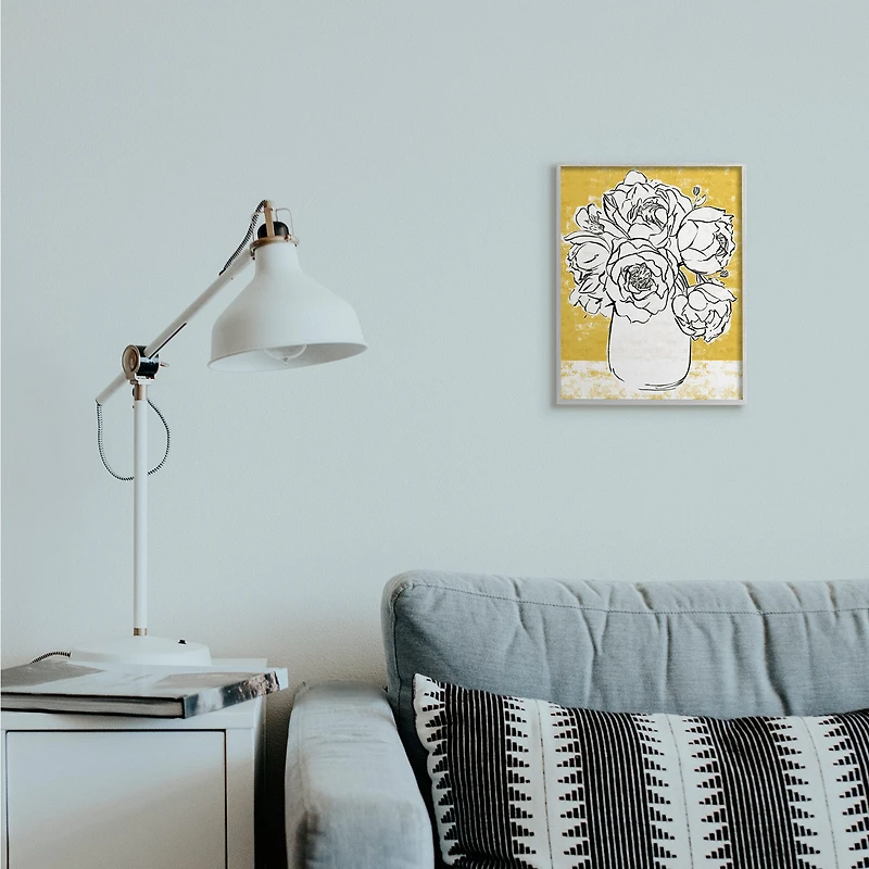 Stupell Industries Peony Sketch Bouquet Contrasted Distressed Yellow Framed Wall Art