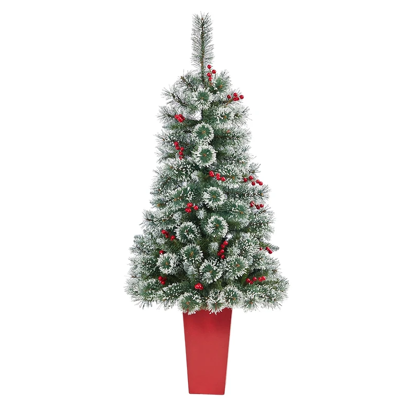 4ft. Pre-Lit Potted Frosted Swiss Pine Artificial Christmas Tree with Berries, Clear LED Lights