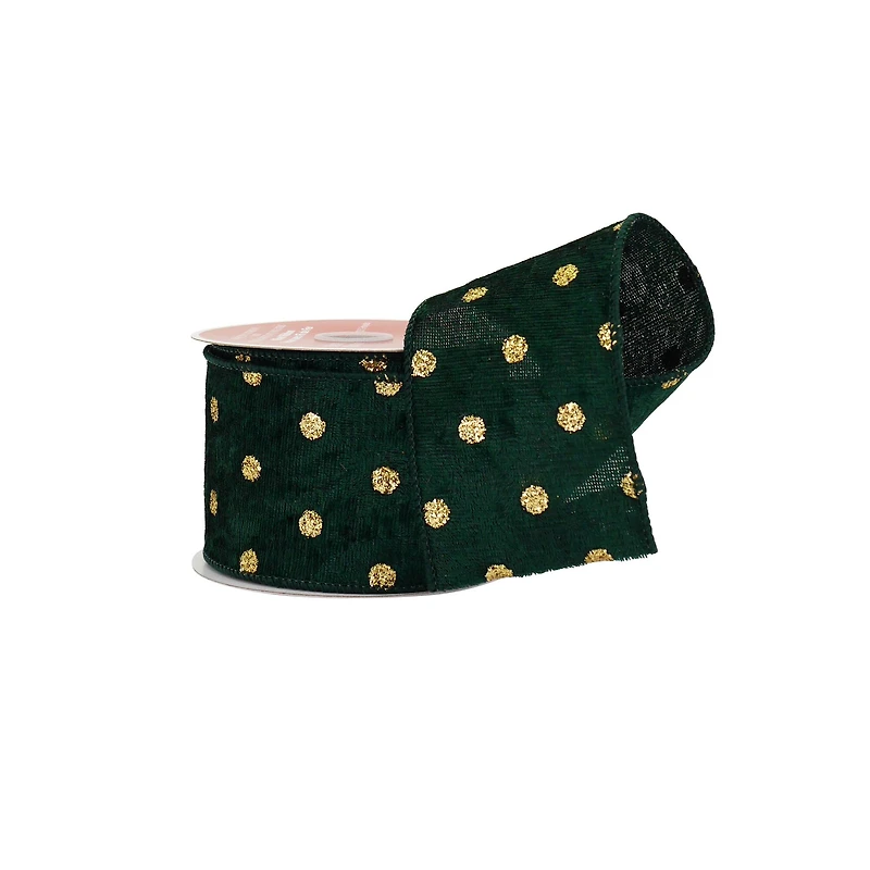 2.5" x 20ft. Green & Gold Dots Wired Ribbon by Celebrate It®