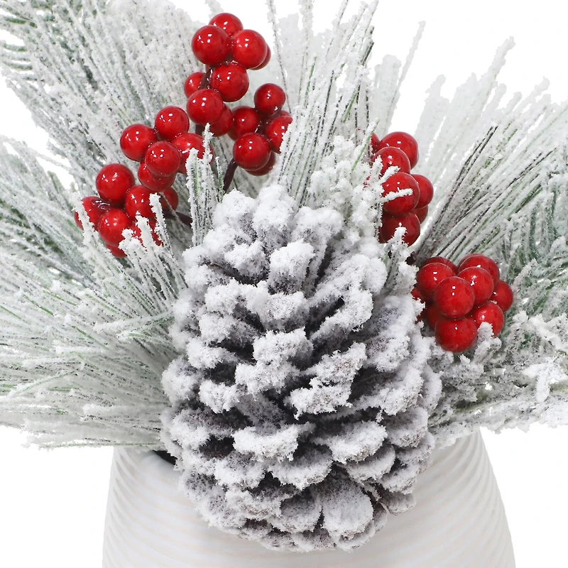 9" Snowy Pinecone & Red Berry Arrangement in White Ceramic Pot by Ashland®