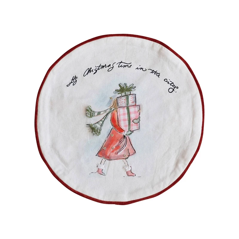 Hello Honey® 16" Round Printed Cotton Pillow with Holiday Girl, Piping & Velvet Back