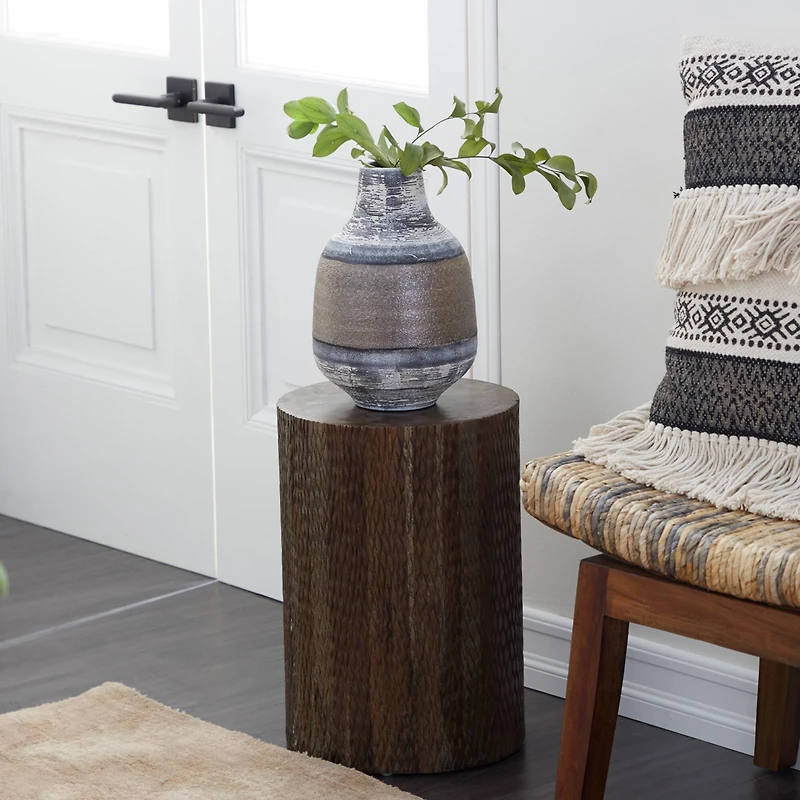 18" Brown Teak Wood Contemporary Stool