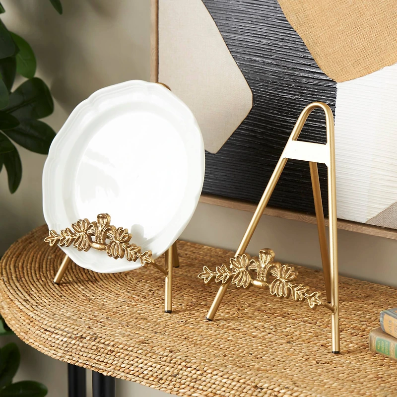 Gold Metal Arched Foldable Display Easel with Vine Emblem Set