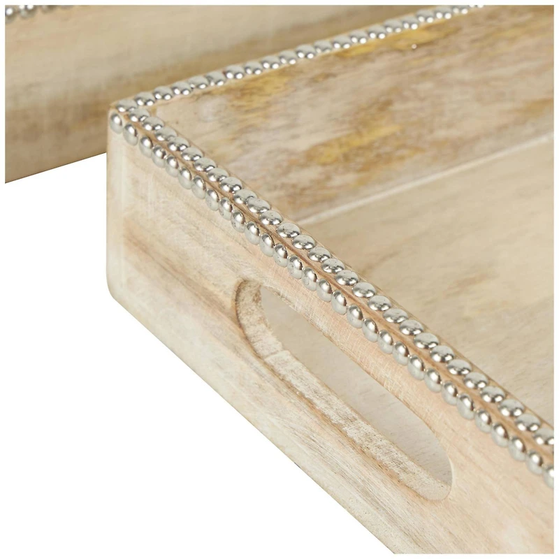 Light Brown Mango Wood Trays with Silver Beaded Rim, 2ct.