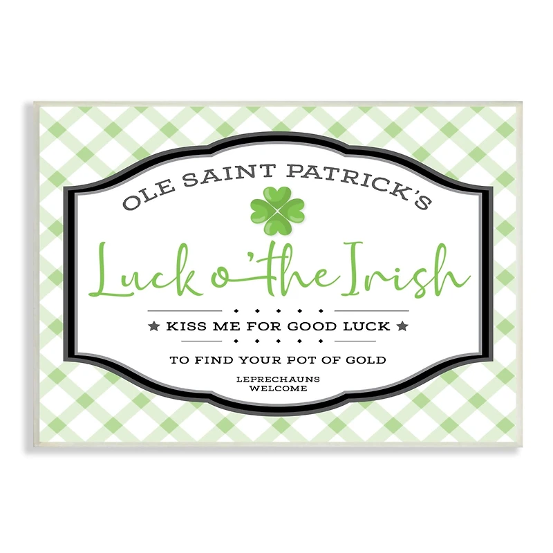Stupell Industries Saint Patrick's Luck o'the Irish Sign Green Plaid Wall Plaque Art