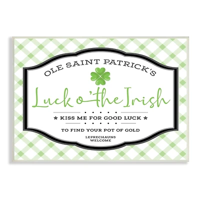 Stupell Industries Saint Patrick's Luck o'the Irish Sign Green Plaid Wall Plaque Art