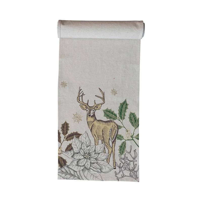 Hello Honey® 72" Green & Natural Cotton & Linen Printed Table Runner with Flora & Fauna Pattern and Metallic Gold Thread Embroidery