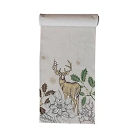 Hello Honey® 72" Green & Natural Cotton & Linen Printed Table Runner with Flora & Fauna Pattern and Metallic Gold Thread Embroidery