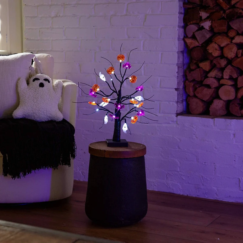 18in. Pre-Lit Artificial Halloween Ghost, Bats & Pumpkins 24 LED Lighted Ornament Tree