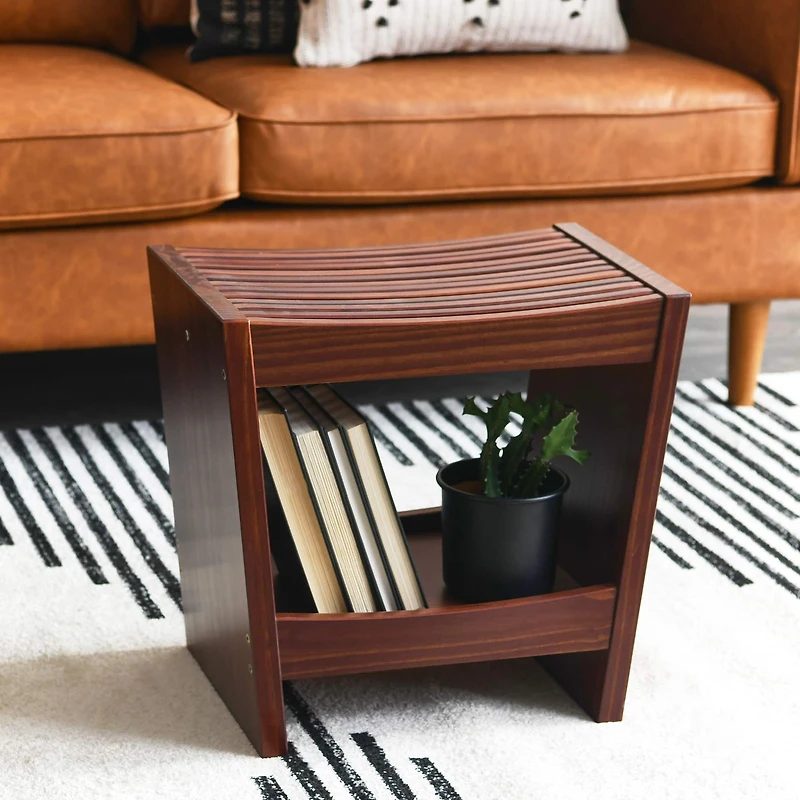Hello Honey® 18" Modern Slatted Solid Wood Stool With Storage Shelf