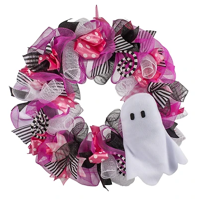 24" Pink, Black & White Mesh & Ribbon Wreath with Ghost by Ashland®