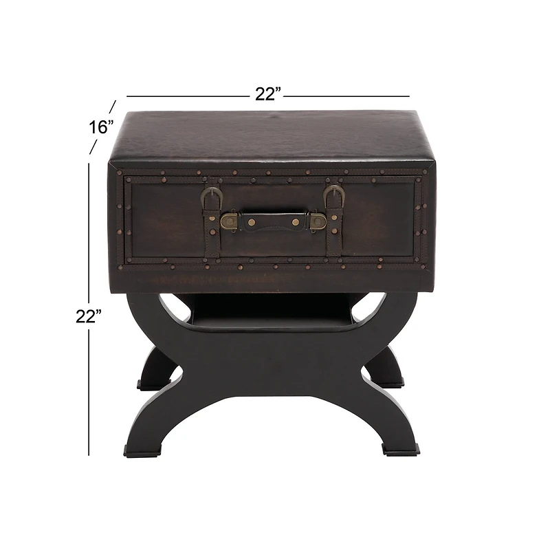 Brown Wood and Faux  Leather Traditional Accent Table, 22" x 22" x 16"