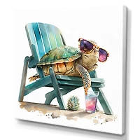 Designart 'Turtle Laying On A Beach Chair With Sunglasses I' Animals Canvas Wall Art