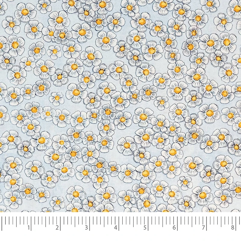 SINGER Yellow & Gray Flower on Blue Cotton Fabric