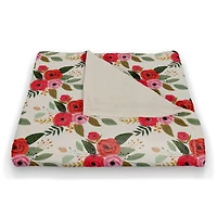 White Throw Blanket with Red Floral Pattern