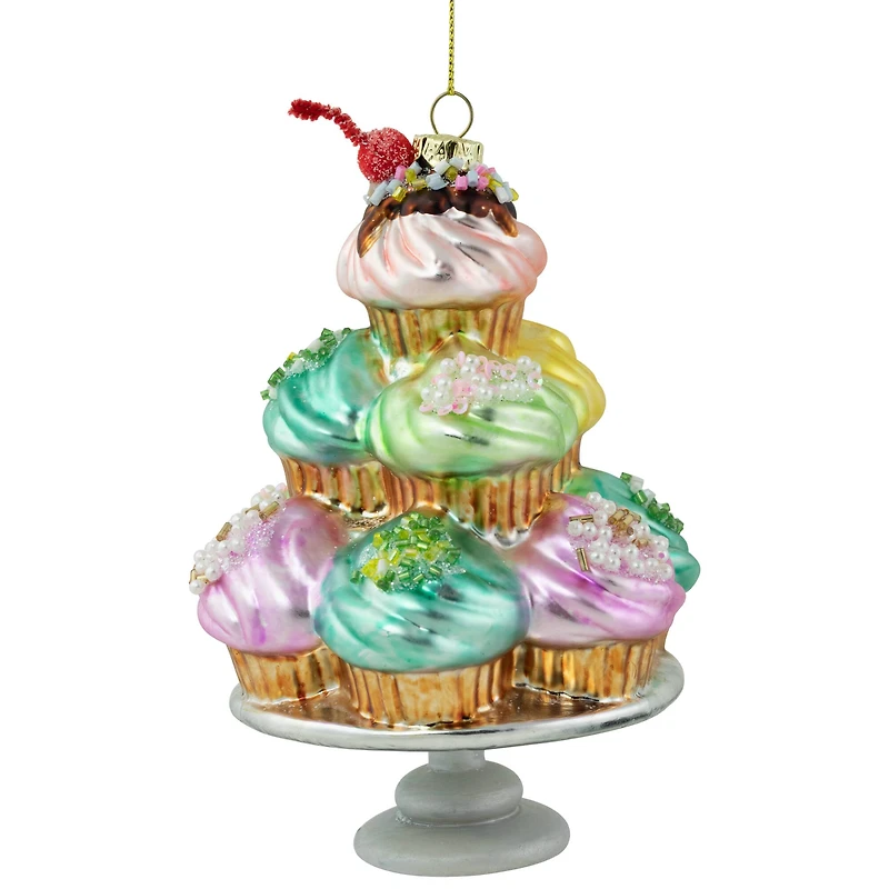 Pink & Blue Cupcake Tower Glass Christmas Ornament