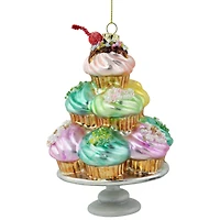 Pink & Blue Cupcake Tower Glass Christmas Ornament