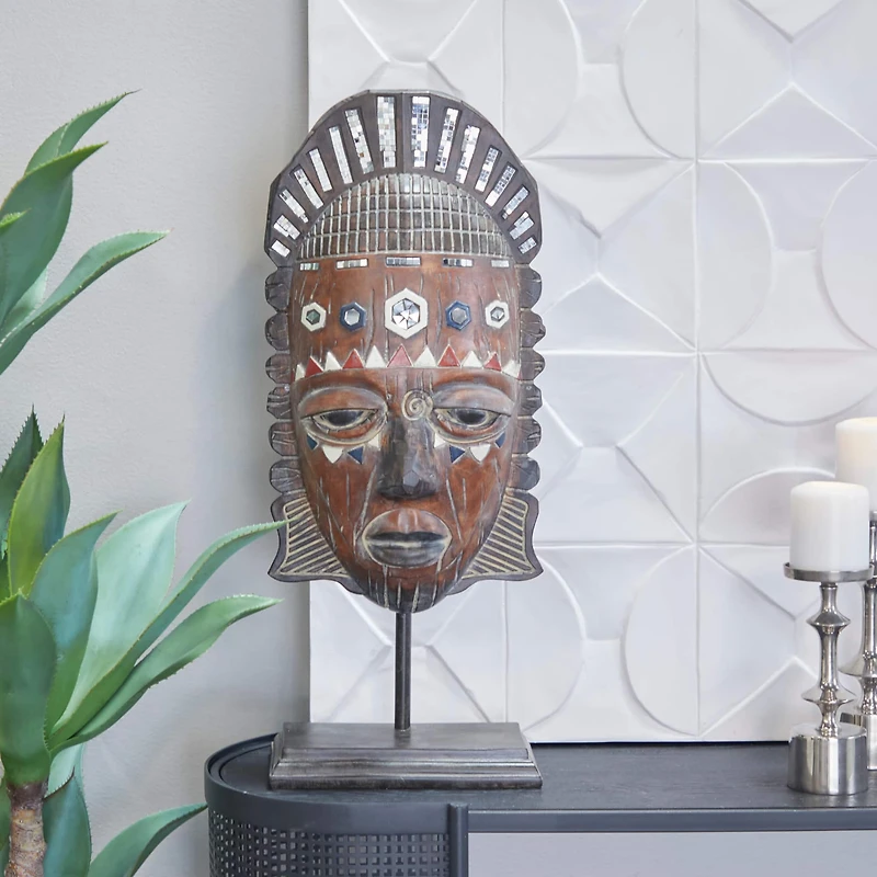 2ft. Brown Polystone Primitive African Mask Sculpture