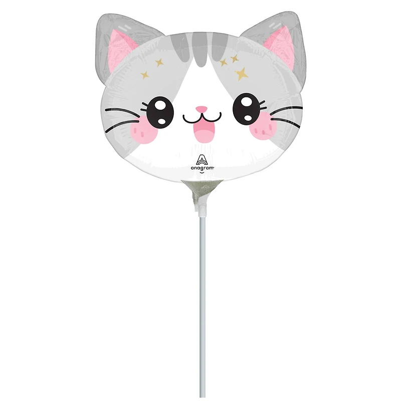 14" Pink & White Kawaii Kitty Foil Stick Balloon