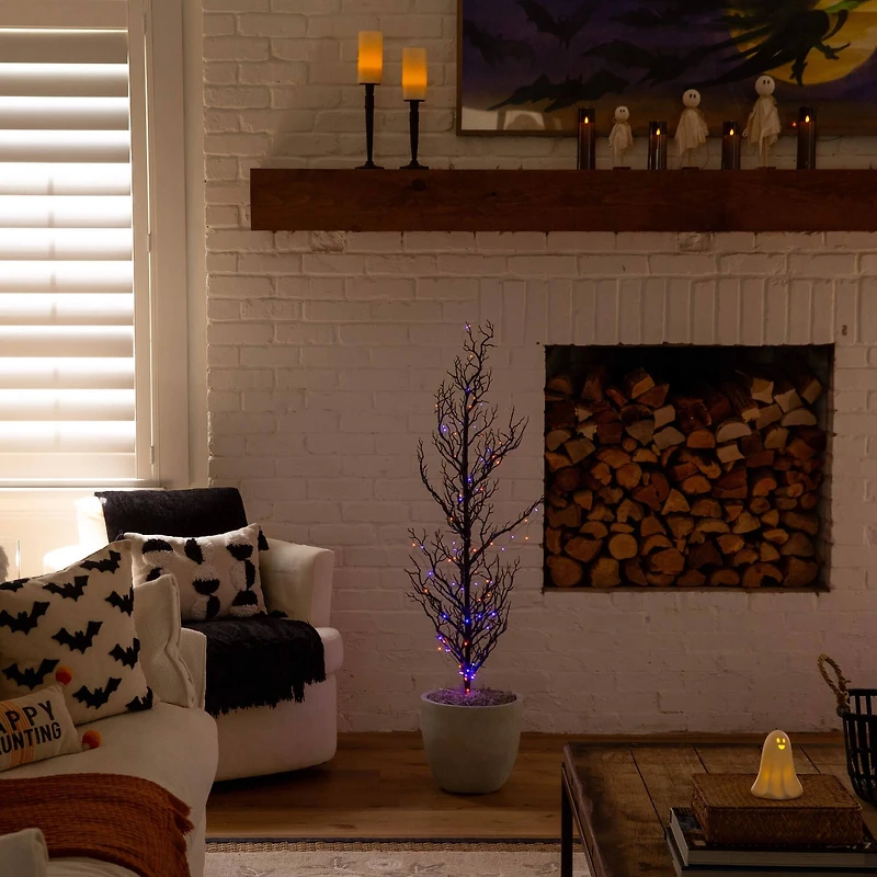 4ft. Pre-Lit Artificial Halloween Black Spooky Twig Tree with 160 Orange & Purple Copper Wire String LED Lights