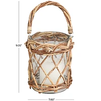 9" Clear Glass Handmade Candle Lantern with Brown Rattan Woven Exterior & Twisted Handle