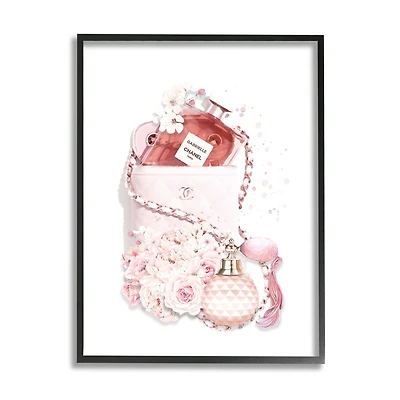 Stupell Industries Pink Designer Bag with Chic Florals Paint Splatter in Frame Wall Art